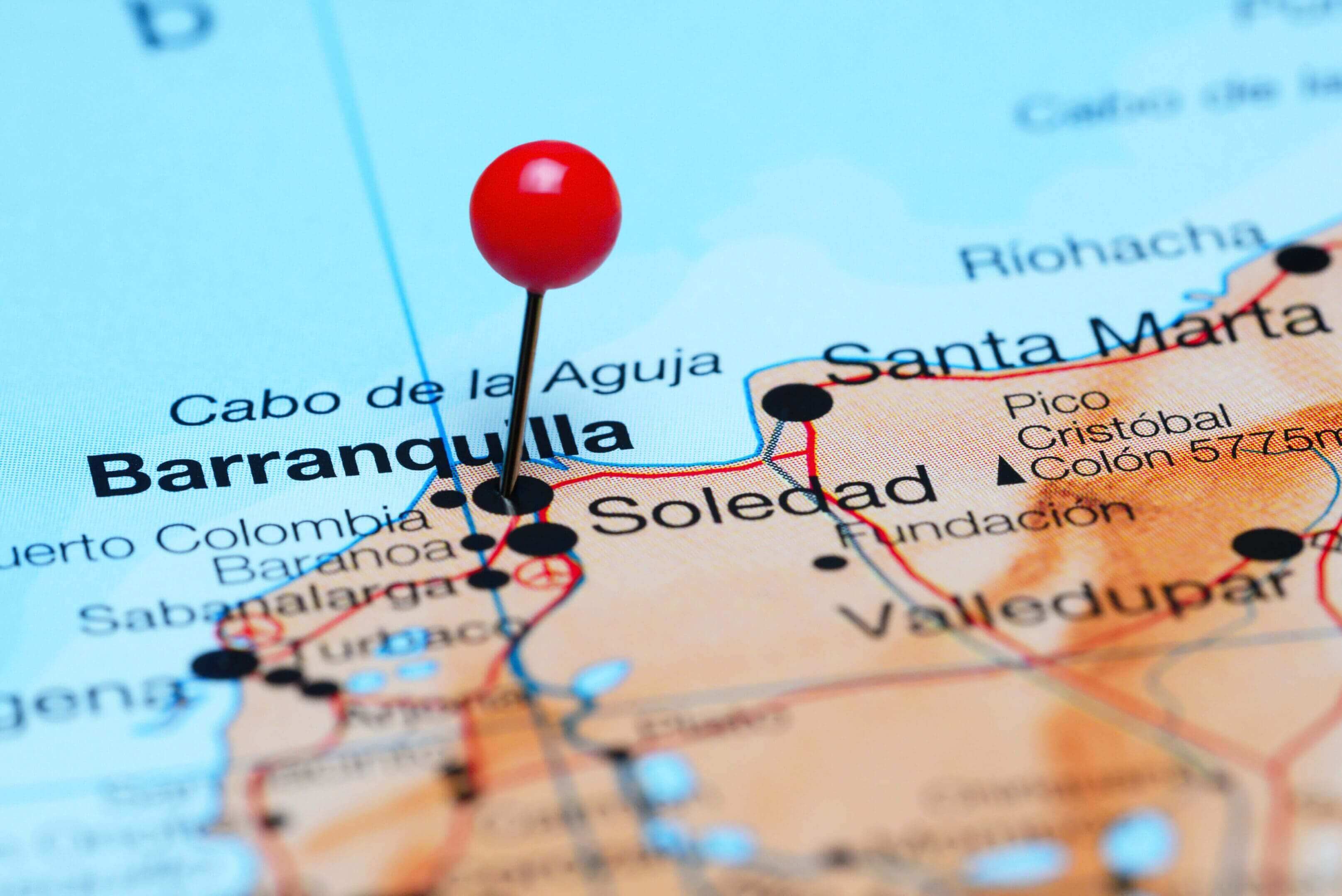 A red pin marking Barranquilla on a map of Colombia.